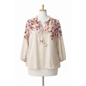 Como Black Woman 2X Floral Tie Neck Blouse Long Sleeve Rayon Beige